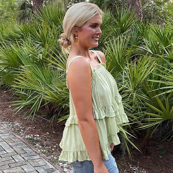 Fun and flirty Double Tiered Ruffled Hem Top in pistachio green. - Picture 3 of 4